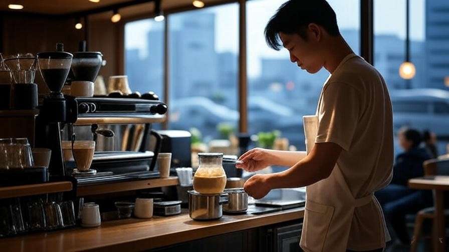 Seoul cafe interior with barista preparing dalgona coffee and city skyline view