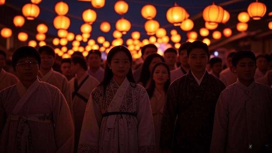 Glowing red lanterns at a traditional Korean festival night scene