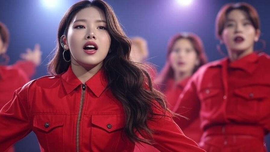 K-pop performers in red costumes on a vibrant stage