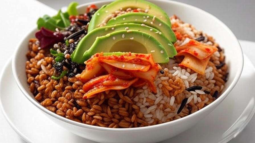 Modern 5 grain rice bowl with avocado, kimchi, and sesame dressing