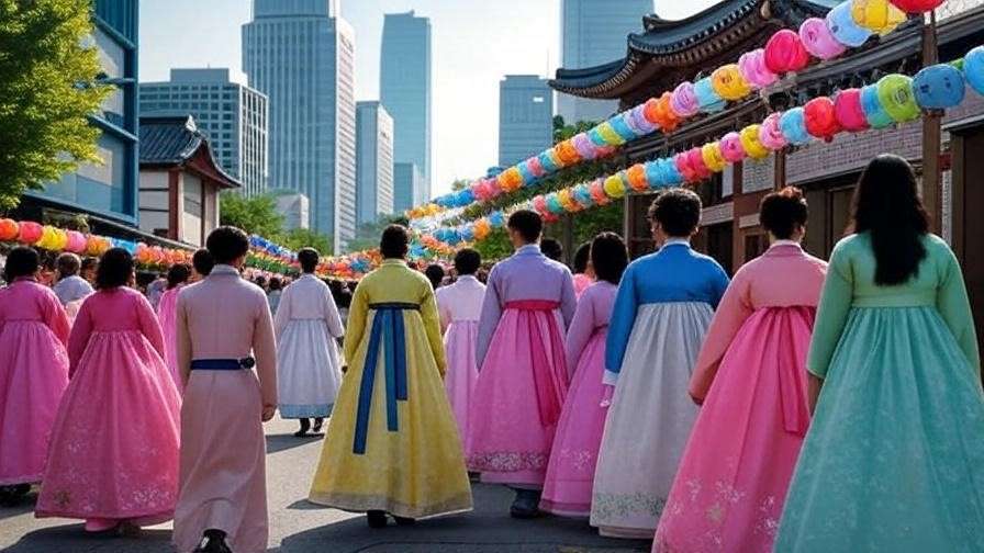 Bustling Seoul street during Seotdal Geumeum with hanbok and traditional decor