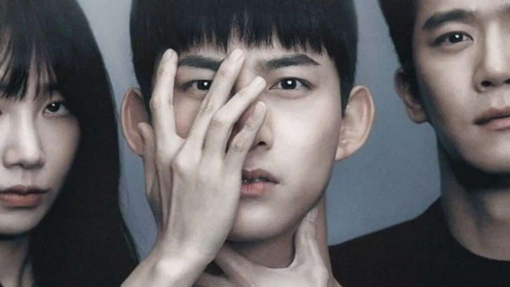 Promotional image for the Blind full review featuring three main characters with hands covering their faces, hinting at the drama's mysterious and thrilling Korean narrative.