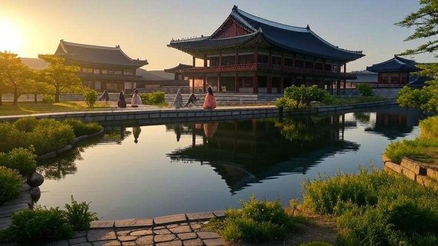 Gyeongbokgung Palace at sunrise with people in hanbok walking along a pathway, reflecting Korean culture.