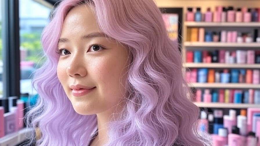 Pastel pink and lavender ombre hair with Korean beauty products in background