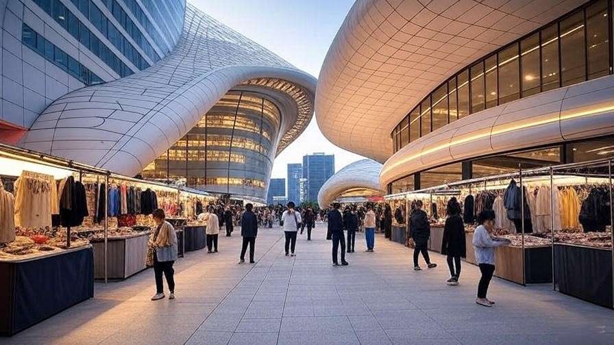 Dongdaemun Design Plaza with shoppers browsing trendy fashion stalls and modern architecture.