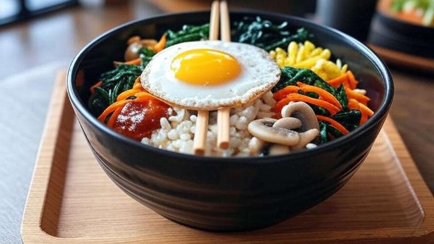 Vibrant bibimbap bowl with rice and colorful vegetables