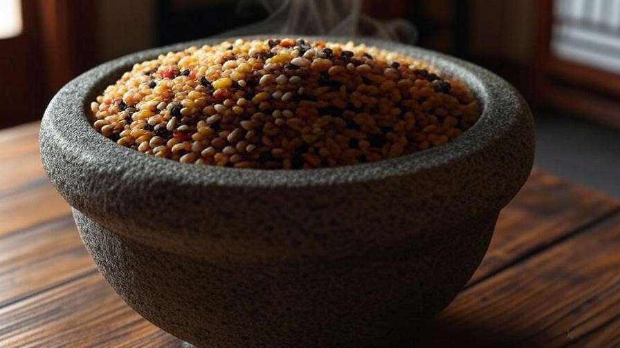 Close-up of 5 grain rice in a traditional Korean stone pot on a wooden table