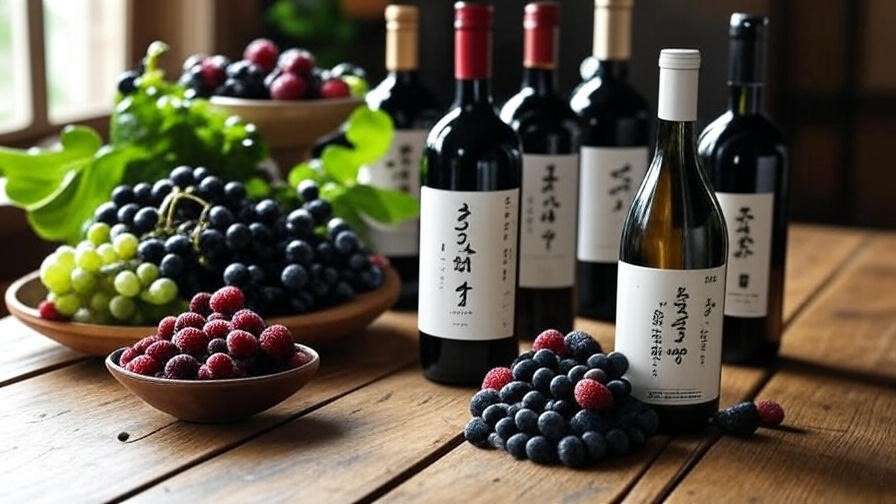 Close-up of Korean wines like bokbunja and Cheongsu with fresh black raspberries and grapes on a rustic table