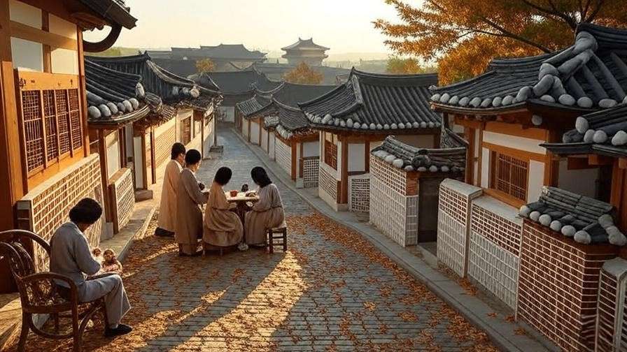 Bukchon Hanok Village with traditional houses and a family enjoying a tea ceremony