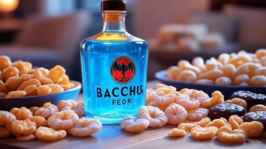 Close-up of Bacchus F bottle with Korean snacks like shrimp crackers and Choco Pies.