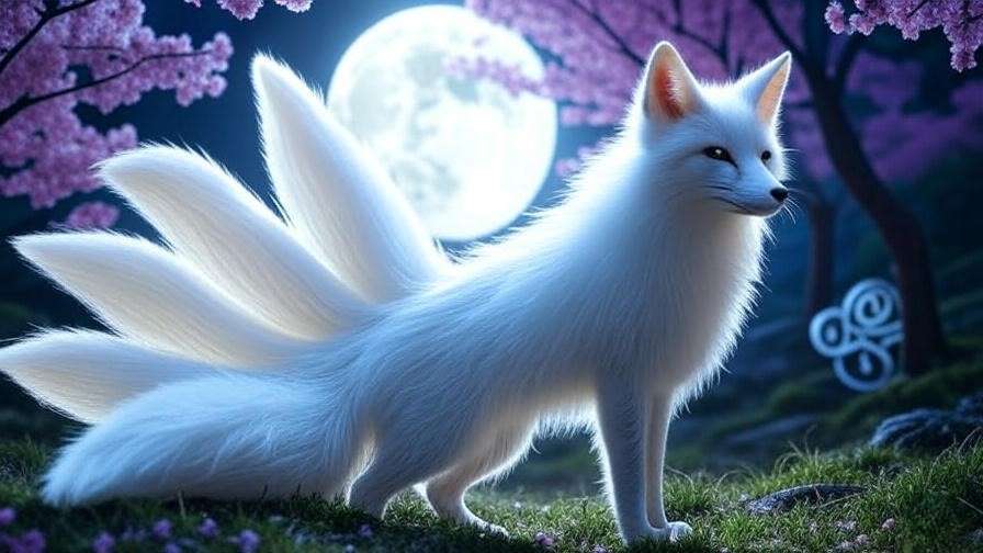 Mystical nine-tailed fox in a Korean forest under moonlight, symbolizing gumiho mythology