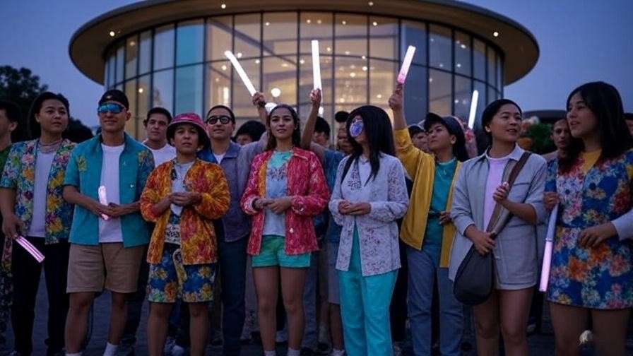 Fans in colorful attire outside Seoul Olympic Hall with light sticks and merchandise