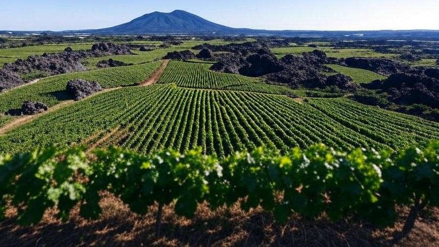 Aerial view of Jeju Island vineyards at Halla Mountain Winery with volcanic terrain.