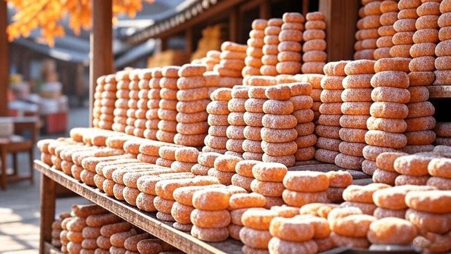 Close-up of Korean dried persimmons (gotgam) with white sugar coating on a wooden rack in a traditional Korean market