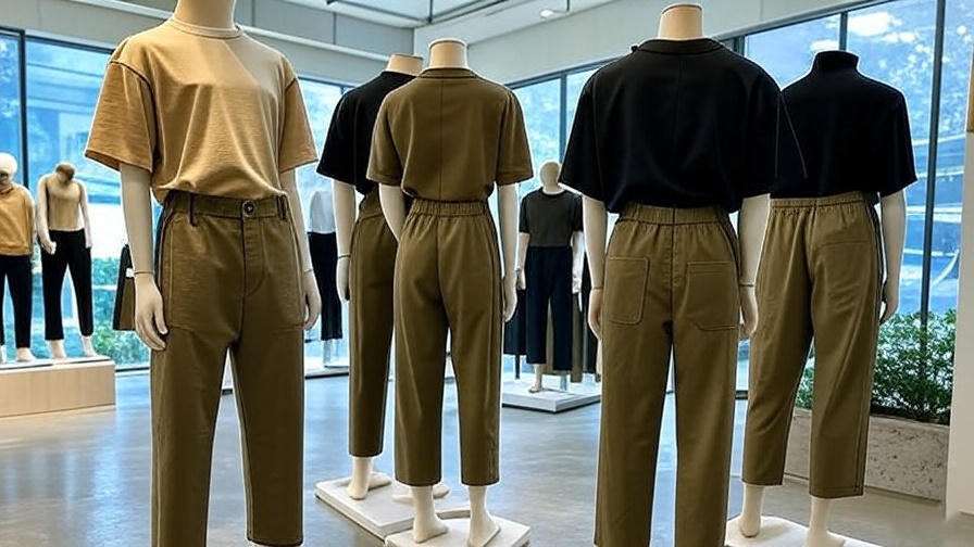 Mannequins displaying refridgator pants in khaki, black, and olive in a Korean fashion store 