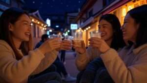 Friends toasting with soju glasses in a cozy Korean street setting at night, surrounded by traditional lights and architecture.