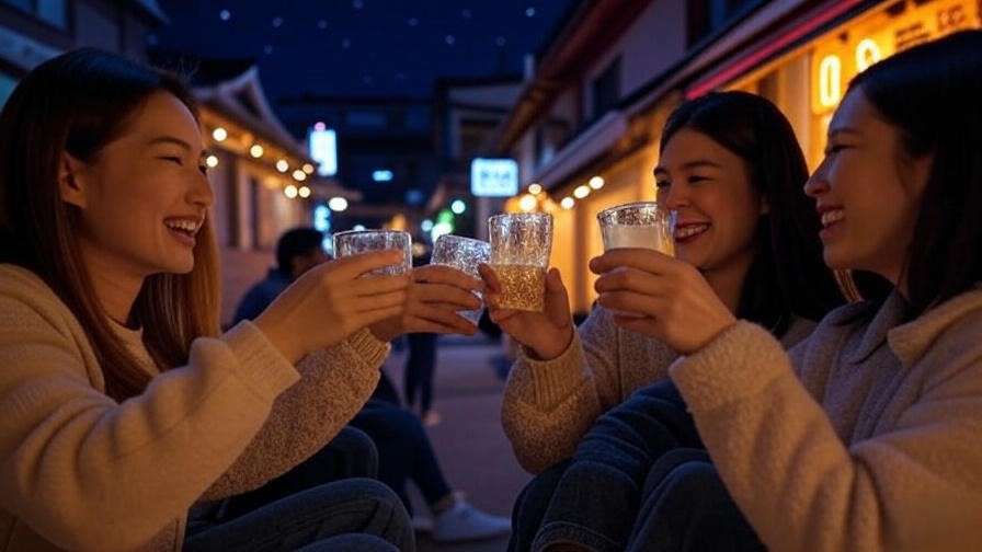 Friends toasting with soju glasses in a cozy Korean street setting at night, surrounded by traditional lights and architecture.