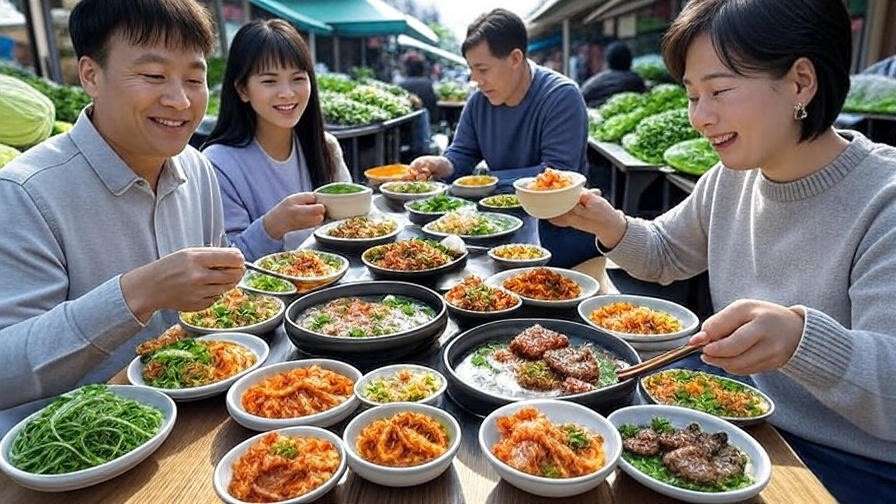 A lively Korean market meal with a family enjoying a variety of banchan dishes, including kimchi and grilled meats, surrounded by fresh vegetables like napa cabbage