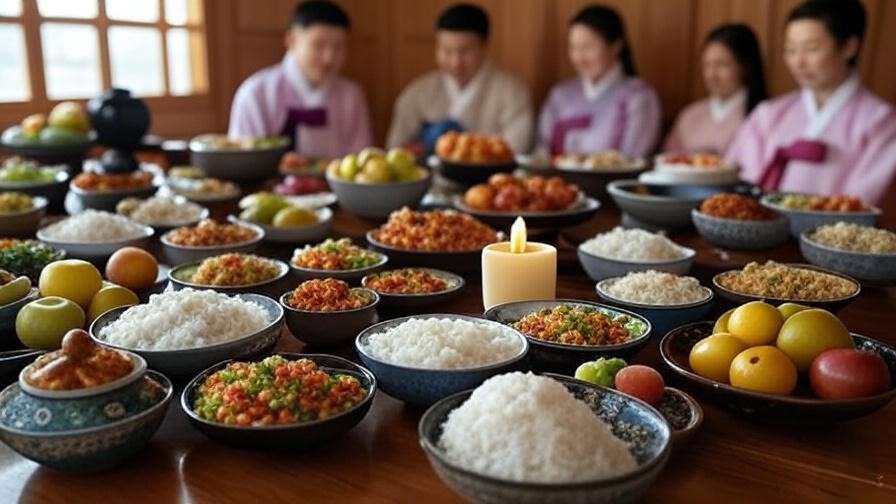 Traditional Korean charye ritual table with rice, fruits, and jeon, hanbok family preparing offerings.