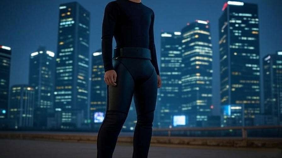 Futuristic refridgator pants with tech features against Seoul skyline.