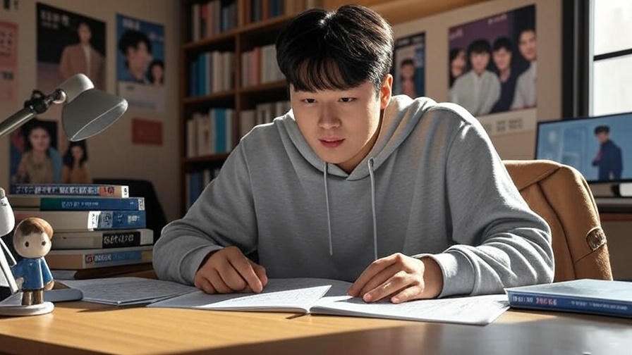 Student studying at a desk with books and a laptop, surrounded by K-drama posters and a desk lamp in a cozy room