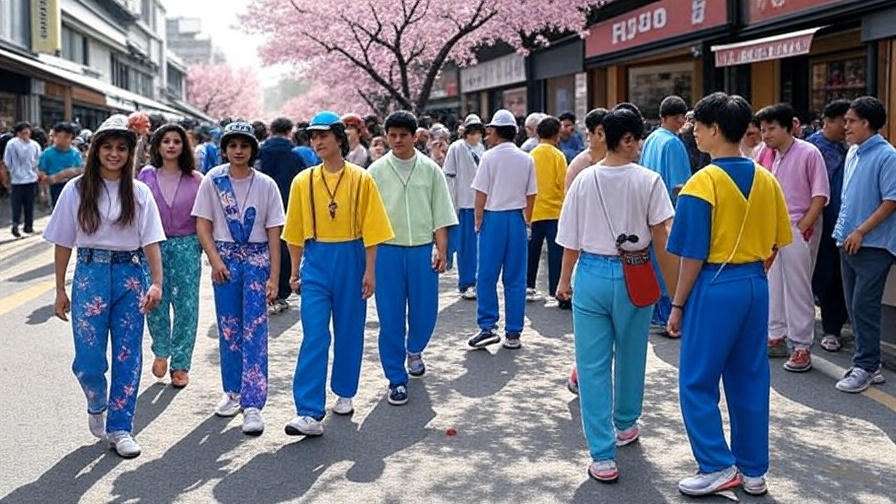 Vibrant overview of Korean street fashion featuring refridgator pants in various settings: a lively Seoul market, cultural festival, Hongdae street art, modern fashion store, sustainable market stall, and futuristic skyline