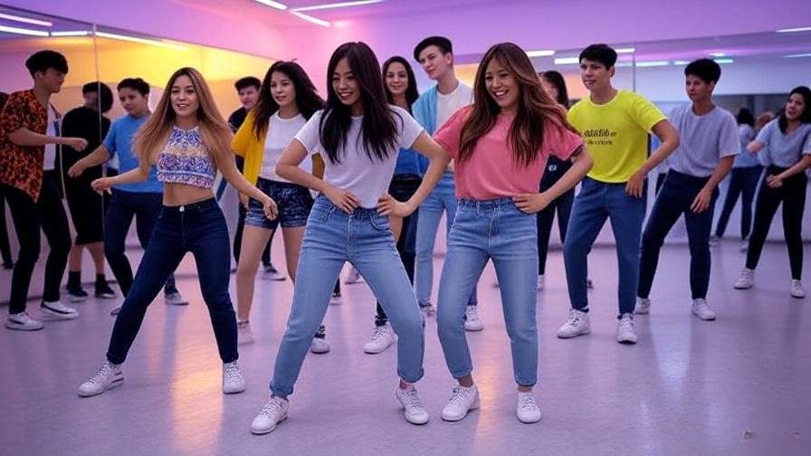 SEO-friendly Alt Text: Group dancing K-pop choreography in a vibrant Seoul studio.