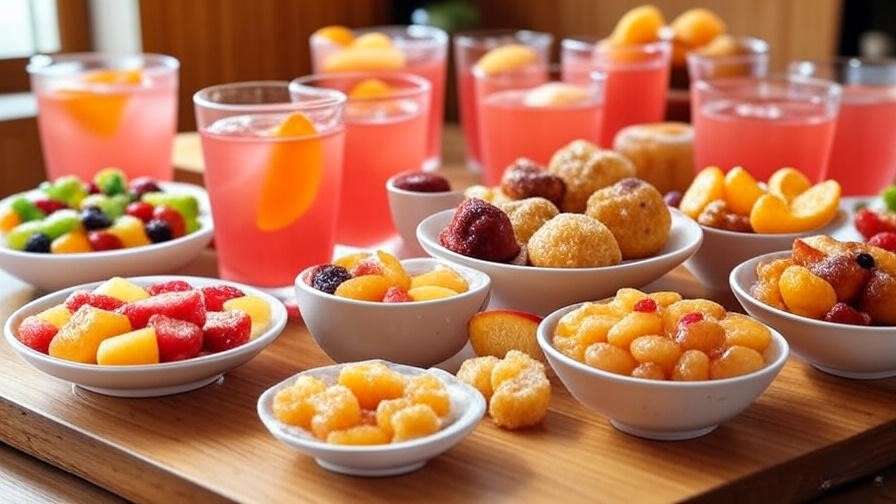 Festive table with Korean strawberry ade and seasonal peach slices alongside yakgwa and tteok desserts