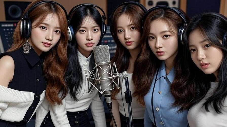 K-Pop girl group recording innovative music in a modern studio with microphones and mixing console