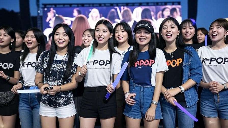 Fans at a K-Pop event with light sticks and merchandise watching a 5th gen girl group performance