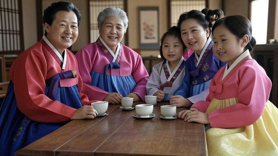 K-drama-inspired family scene with ginseng tea in traditional hanbok clothing