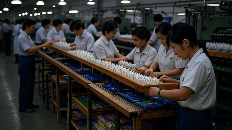 Vintage 1960s Monami factory workers assembling iconic Korean ballpoint pens, historical stationery production scene