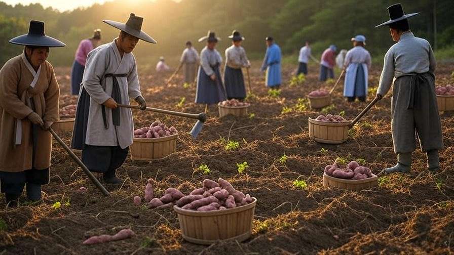 Historical image of Korean farmers harvesting sweet potatoes in a traditional rural field.