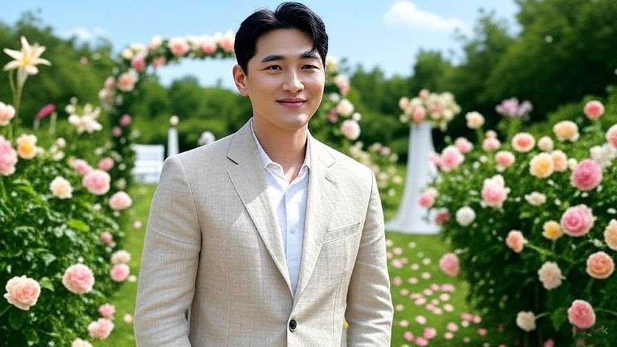 Korean man in linen suit at a summer garden wedding with green decor