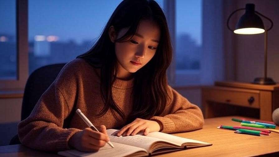 K-drama inspired scene of character journaling with Monami 153 pen, symbolizing emotional storytelling in Korean dramas.