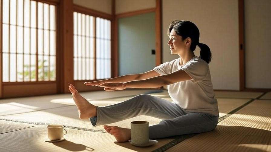 Person stretching in a minimalist Korean morning room with barley tea.