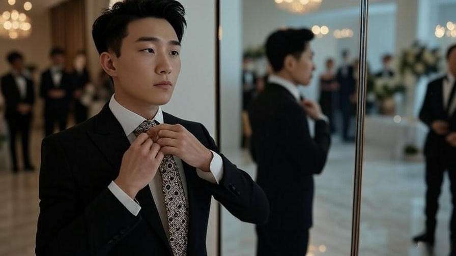 Korean man adjusting tie in a modern wedding venue with blurred guests
