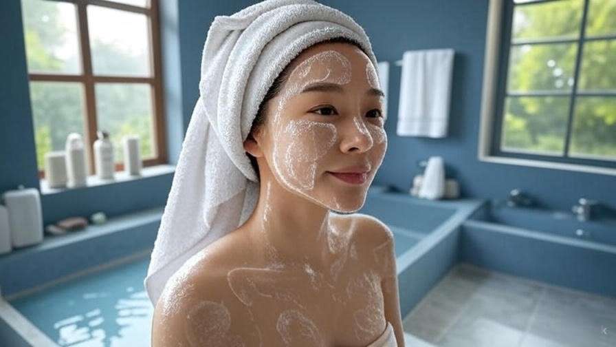 Person using Korean towel for deep cleansing with circular motions in a calm bathroom