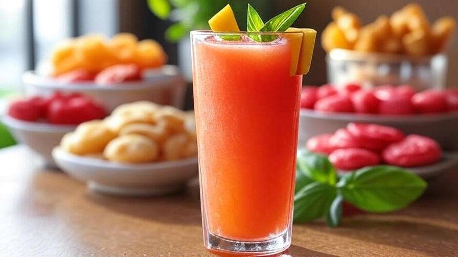 Korean strawberry-mango ade with mango and basil garnish alongside hotteok and bingsu snacks