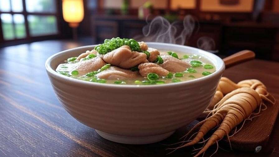 Steaming samgyetang soup with ginseng roots in a cozy Korean dining setting