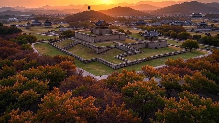 Panoramic view of Cheomseongdae Observatory and Gyeongju historic area at sunset, UNESCO site