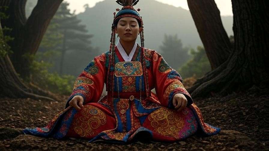 Shamanistic ritual with mudang in traditional attire, reflecting Korean spiritual heritage