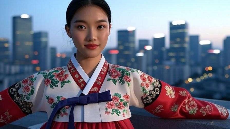 Model in modern hanbok on runway with Seoul skyline background
