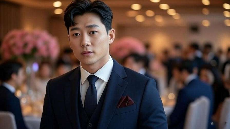 Korean man in a navy suit at a modern wedding banquet hall with floral decor
