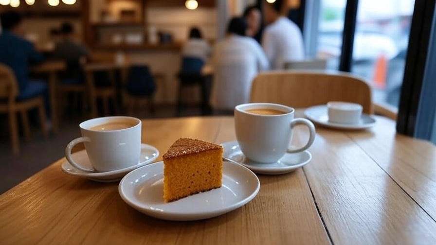 Korean cafe setting with sweet potato cake paired with dalgona coffee and yuzu tea