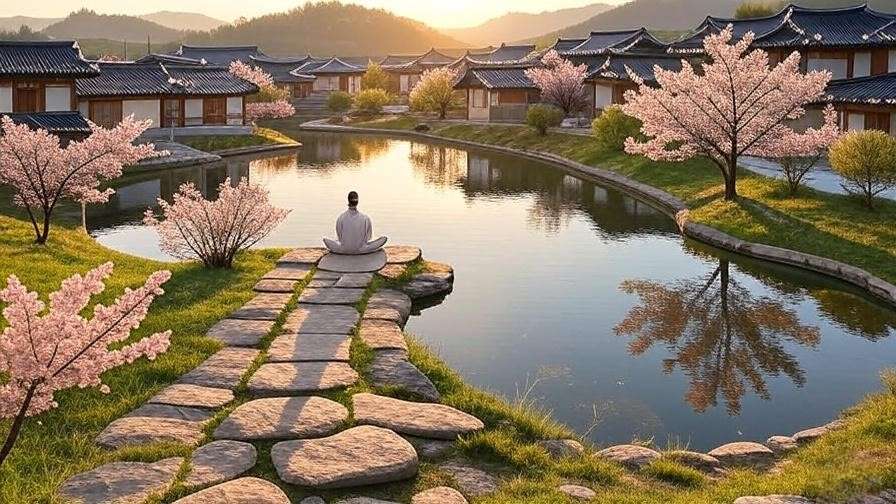 Serene Korean hanok village with cherry blossoms and meditating person at sunrise