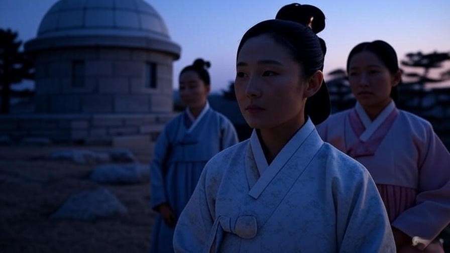 K-drama scene with Cheomseongdae Observatory, featuring Silla attire at twilight