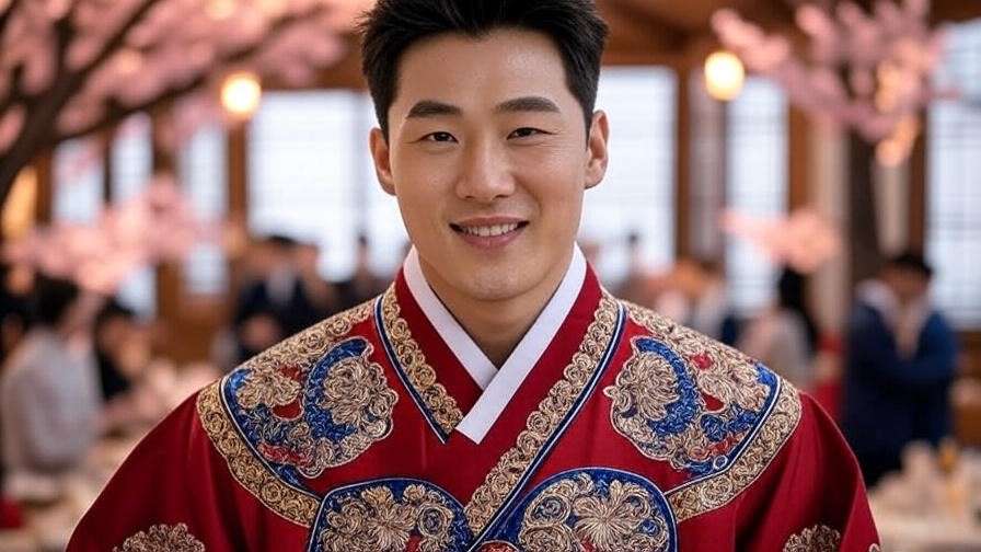 Korean man in traditional Hanbok at a wedding with cherry blossoms and elegant decor