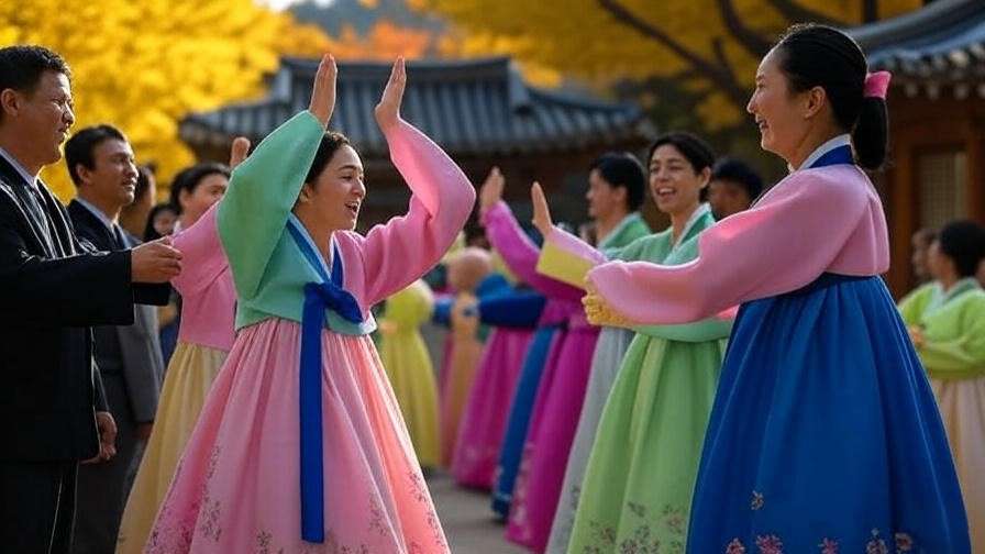 Gaecheonjeol celebration with people in hanbok near Dangun Shrine, symbolizing Korean national pride