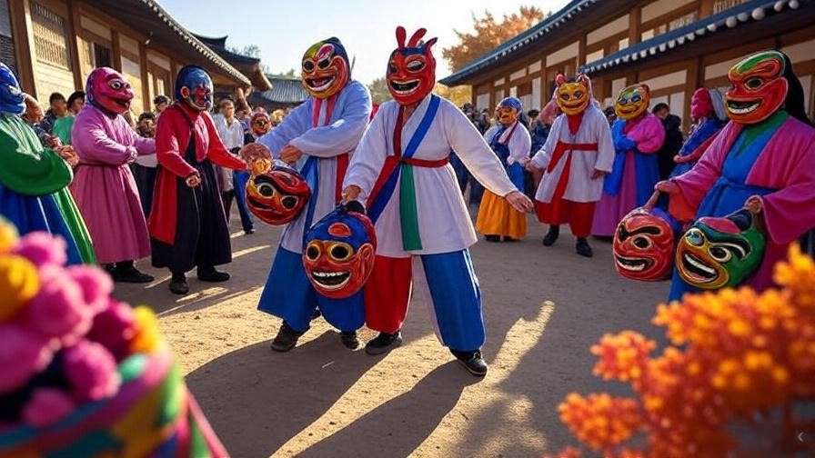 Dancers in Hahoe masks performing talchum in a Korean village
